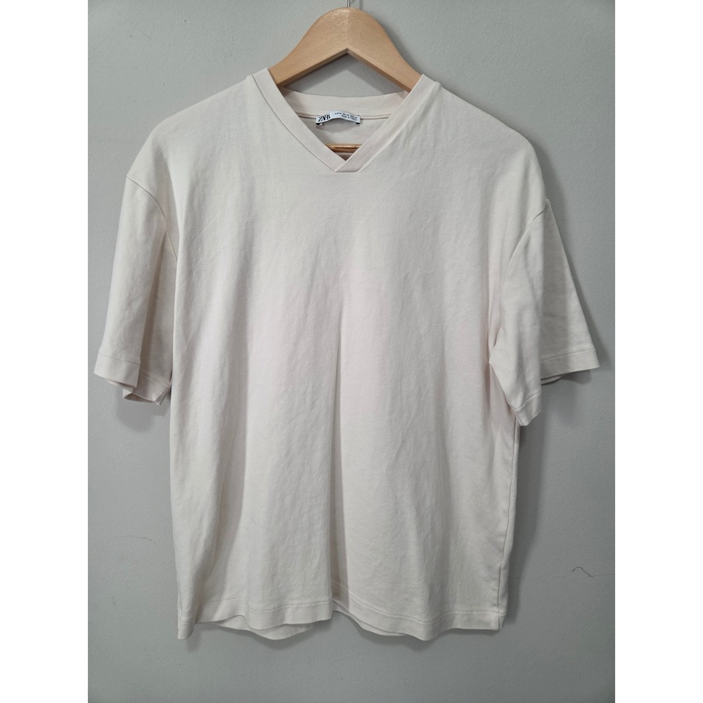Zara Man Off White V-Neck 100% Cotton Short Sleeve T-Shirt Relaxed Fit Size M